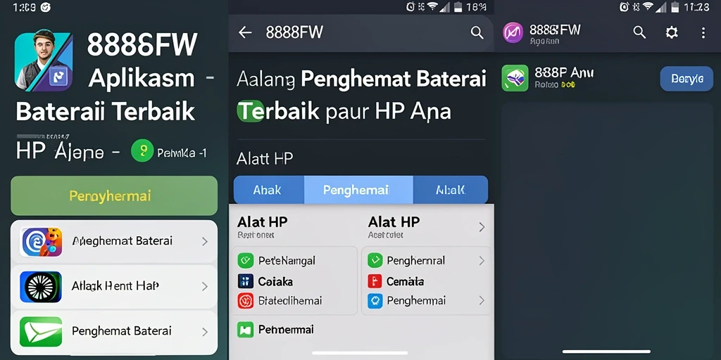 Screenshot antarmuka aplikasi Penghemat Baterai 888FW yang menarik.