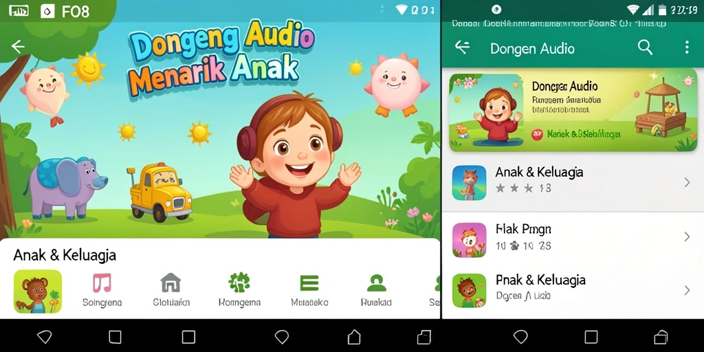Antarmuka aplikasi FO8 yang ramah anak dengan berbagai cerita menarik.