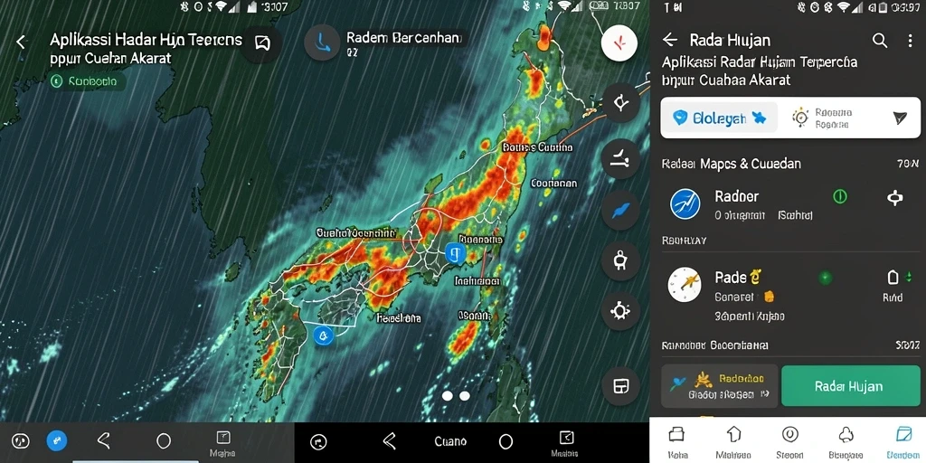 Antarmuka aplikasi SD107 menampilkan radar hujan dengan peta interaktif.
